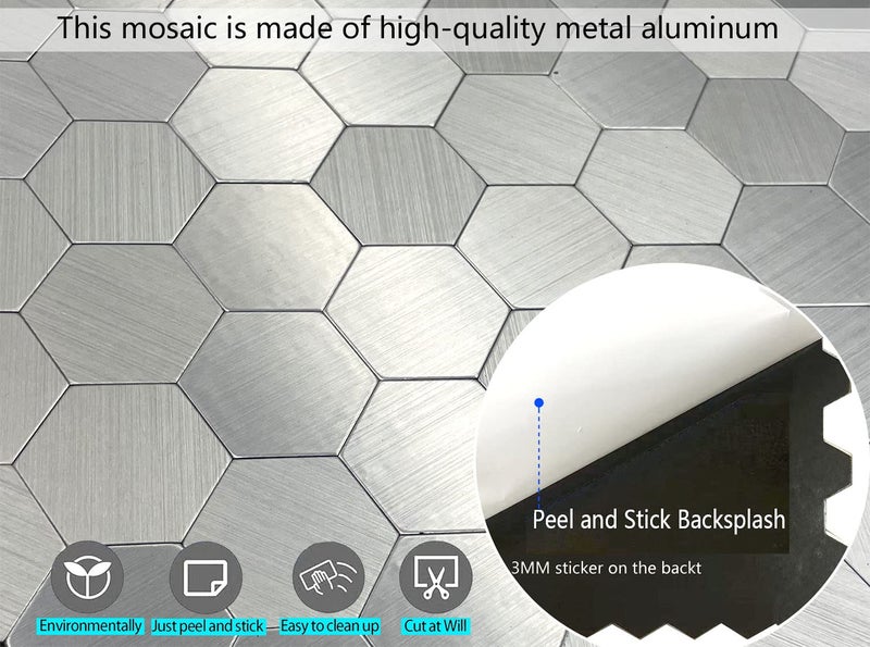 weimeisc 10-Sheet Peel and Stick Tile Backsplash, 0.15in Thickness Metal Mosaic Self Adhesive Tile for Kitchen Wall Bathroom Hexagon (Light Silver) - Image 5