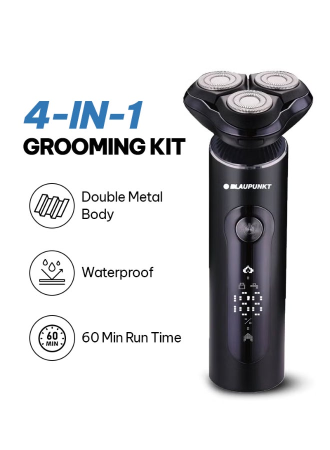 Blaupunkt 4-in-1 Shaver Grooming Kit for Men, Metal Body, Hair & Nose Trimmer, Cordless & Corded Use, LCD Display, USB-C, Wet & Dry Electric Shaver, Travel Lock, 60 Min Runtime, 2-Yr Warranty – SVM604 - Image 1