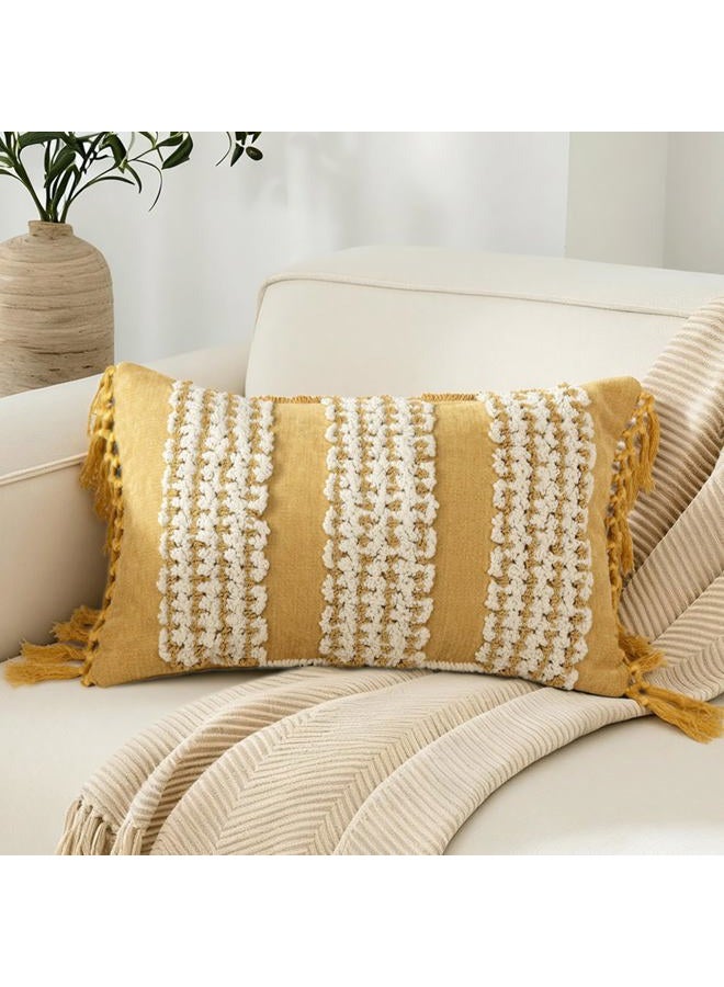 RinRinfam غطاء وسادة بوهيمي بلون الأصفر الخردلي 12x20، أغطية وسائد قطنية مخططة مع تطريز محايد، ديكور غرفة نوم ريفي للمزرعة للاستخدام الخارجي على الأريكة أو السيارة أو غرفة النوم - Image 1