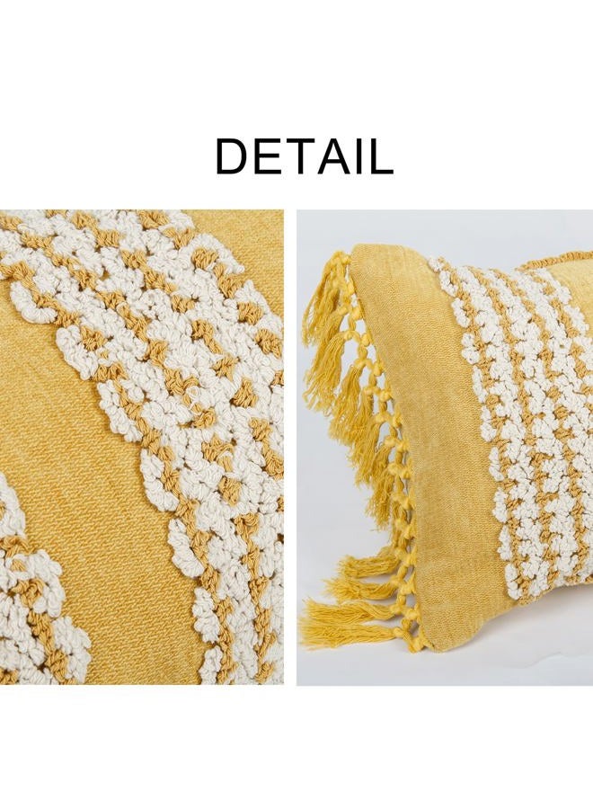 RinRinfam غطاء وسادة بوهيمي بلون الأصفر الخردلي 12x20، أغطية وسائد قطنية مخططة مع تطريز محايد، ديكور غرفة نوم ريفي للمزرعة للاستخدام الخارجي على الأريكة أو السيارة أو غرفة النوم - Image 2