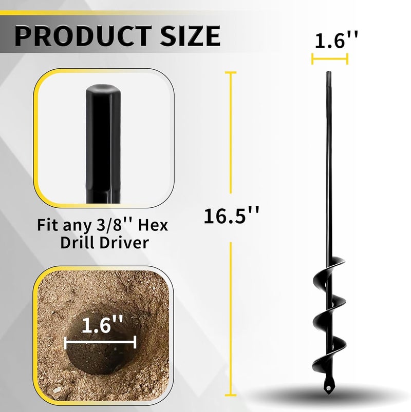 SORANGEUN Auger Drill Bit for Planting - 1.6" x 16.5" Plant Auger for Cordless Drill - Bulb Planter Tool for Bulbs Planting&Holes Digging - 3/8" Hex Drive Drill - Image 2