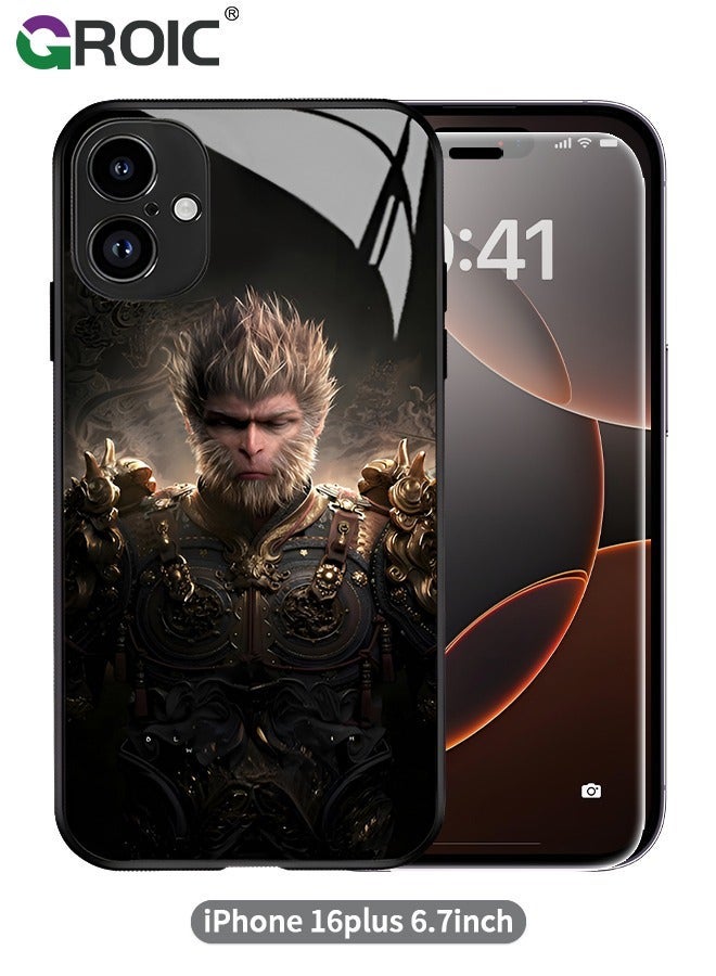 GROIC Case Compatible with iPhone 16 Plus 6.7 Inches HD Glass Screen Protector, Black Myth Wukong Pattern Case, Back Anti-Scratch TPU Bumper Shockproof and Full Coverage Lens - Image 1