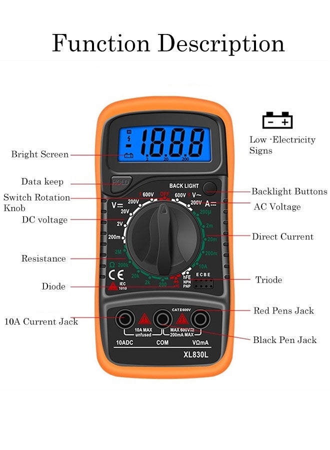 أنينج جهاز قياس متعدد رقمي، جهاز اختبار جهد البطارية، استمرارية أوم فولت أمبير تيار مستمر تيار متردد مقاومة ثنائيات 2000 عداد، جهاز اختبار كهربائي مع أسلاك وشاشة LCD بإضاءة خلفية (XL830L) - Image 3