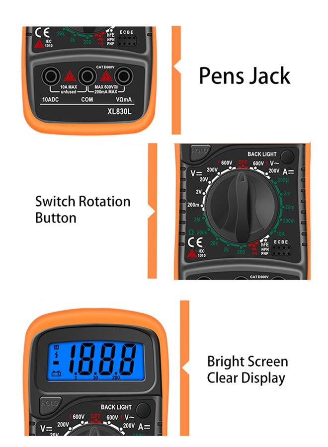 أنينج جهاز قياس متعدد رقمي، جهاز اختبار جهد البطارية، استمرارية أوم فولت أمبير تيار مستمر تيار متردد مقاومة ثنائيات 2000 عداد، جهاز اختبار كهربائي مع أسلاك وشاشة LCD بإضاءة خلفية (XL830L) - Image 5