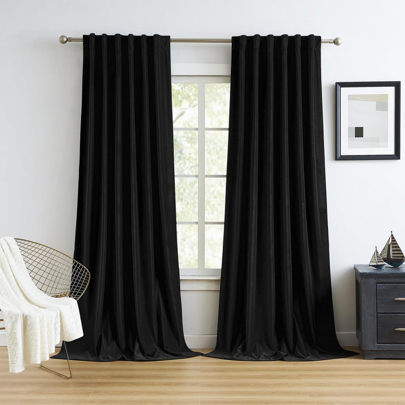 Mumfas Velvet Black Stretains Long Long 102 بوصة طويلة 2 لوحات إضافية لقطات Long Lackout لغرفة المعيش - Image 1