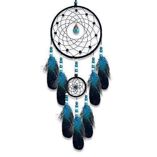 Two Ring Dream Catchers for Wall Hanging  Blue Black Feather Dream Catchers for Bedroom Adult Kids Boys Wall Art Ornament Craft Gifts
