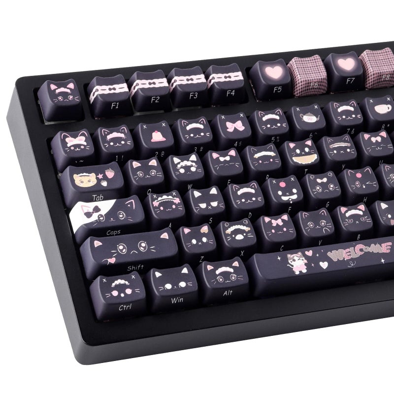 TYRIXKI PBT Keycaps 142 Keys Cute Keycaps DyeSublimation Black Cat Keycap Mao Profile Custom Keycap for Cherry Gateron MX Swithes Mechanical Keyboards