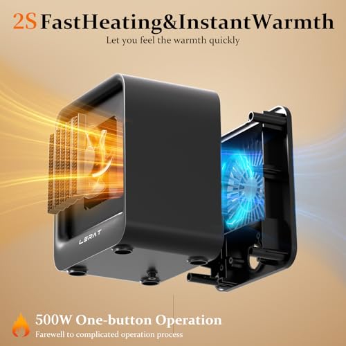 Lerat Space Heater, Portable Mini Heater for Indoor Use, 500W Fast Heating Small Desk Heater with Overheating & Tip-Over Protection, Lightweight Electric Heaters for Office, Home, Camping (Black) - Image 2