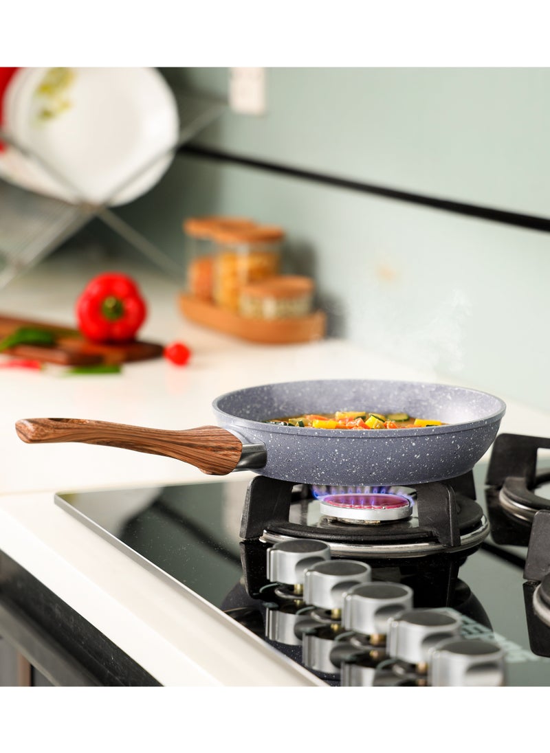 20/22/24/26/28/30 cm Essential Frypan Strong Forged Aluminum Body with Granite Coating and Heat Resistant Wooden Finish Bakelite Handle