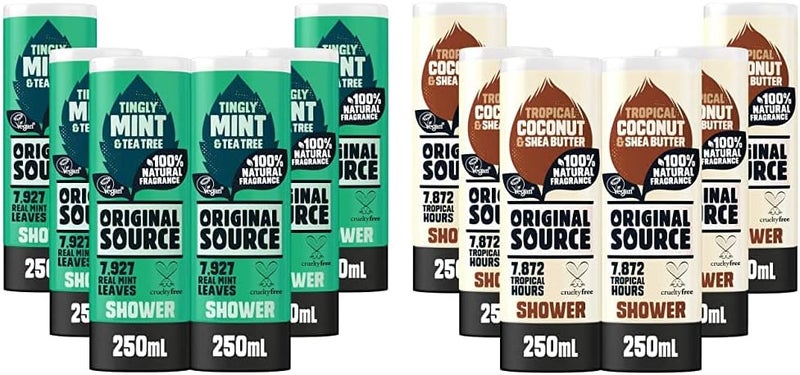 Original Source Mint Tea Tree Shower Gel with Vegan Shower Gel Paraben Free Body Shower Wash with Original Samphire Shower gel with Shower Wash Multipack of 6