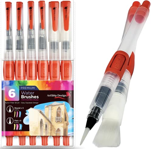 ArtShip Design 6 Water Brush Pens - Nylon Bristle Tips, Double Pack of Both Flat and Round Shaped Tips in 3 Sizes Each, Water Fillable Self-Moistening for Watercolor, Blending, Ink, Gouache, Aquarelle, Acrylic Paint - Image 1