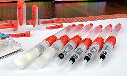 ArtShip Design 6 Water Brush Pens - Nylon Bristle Tips, Double Pack of Both Flat and Round Shaped Tips in 3 Sizes Each, Water Fillable Self-Moistening for Watercolor, Blending, Ink, Gouache, Aquarelle, Acrylic Paint - Image 3
