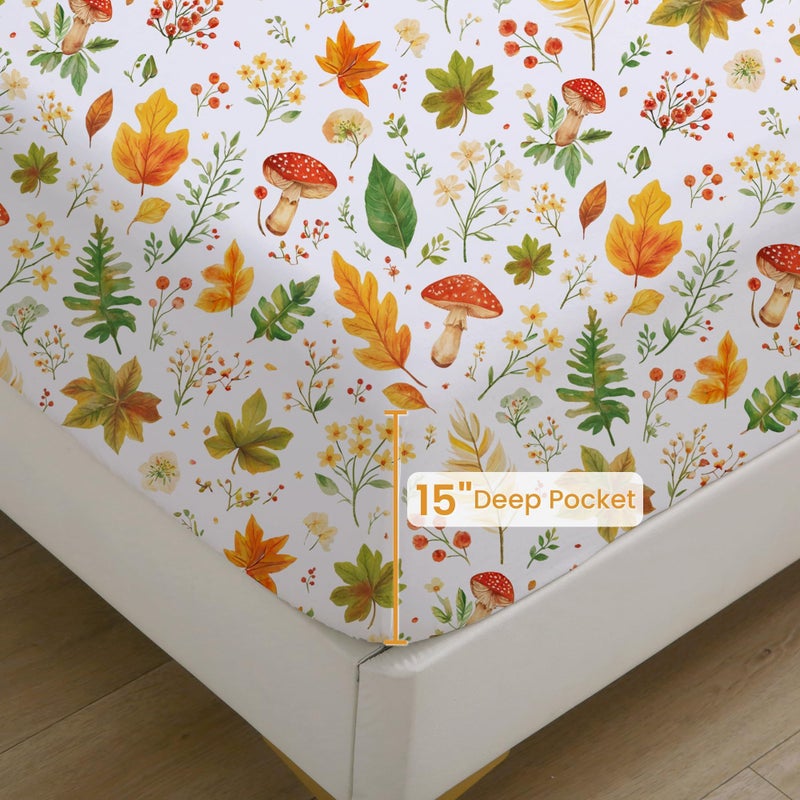 Softan Orange Floral Full Size Sheet Set, Printed Microfiber Fitted Sheet with 15" Deep Pockets & Non-Slip Straps, Maple Leaves & Mushroom Patterned Double Bedding Sheets & Pillowcase Set - Image 4