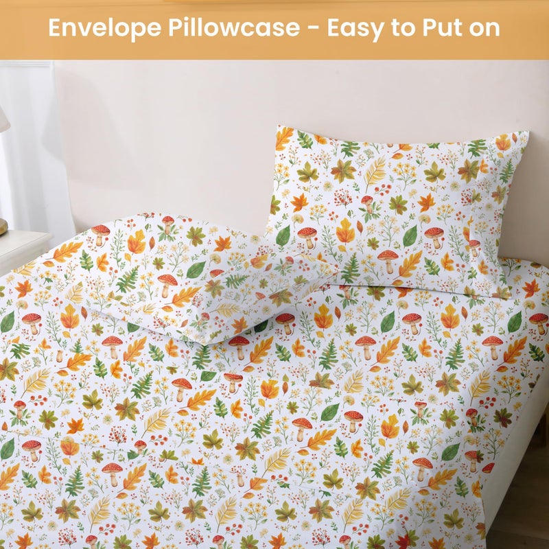 Softan Orange Floral Full Size Sheet Set, Printed Microfiber Fitted Sheet with 15" Deep Pockets & Non-Slip Straps, Maple Leaves & Mushroom Patterned Double Bedding Sheets & Pillowcase Set - Image 5