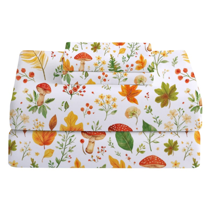 Softan Orange Floral Full Size Sheet Set, Printed Microfiber Fitted Sheet with 15" Deep Pockets & Non-Slip Straps, Maple Leaves & Mushroom Patterned Double Bedding Sheets & Pillowcase Set - Image 1