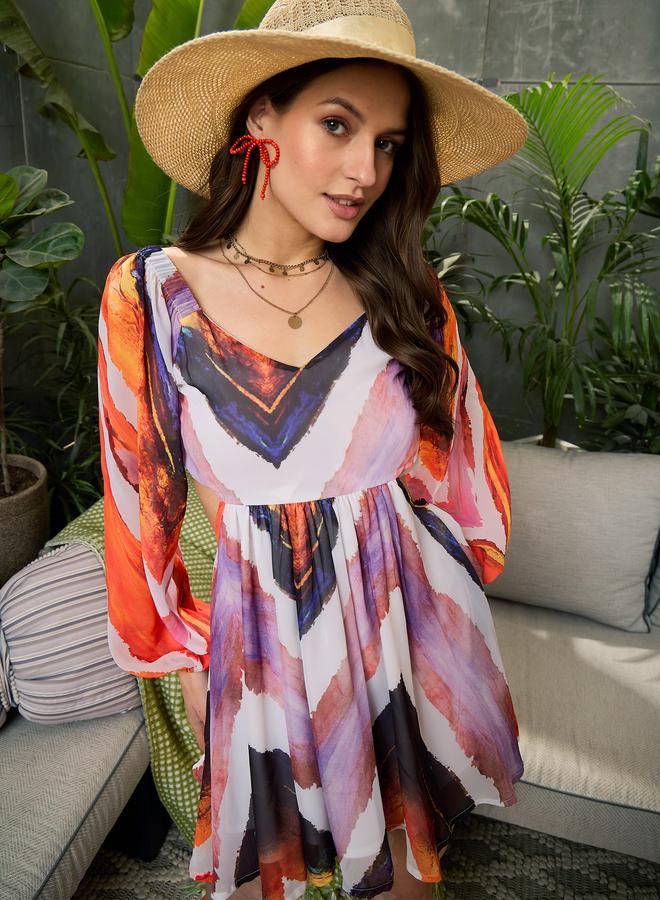 Sassafras Multi Chevron Back Cut-Out Mini Dress - Image 1