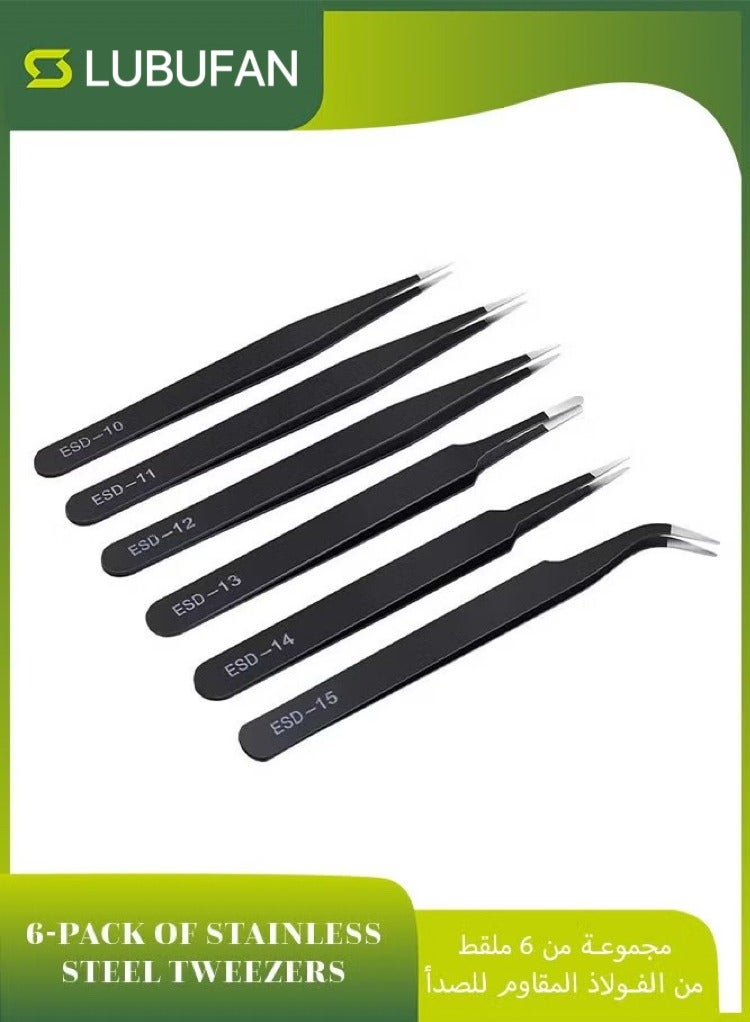 LUBUFAN 6 PCS Precision Tweezers Set, Upgraded Anti-Static Stainless Steel Curved of Tweezers, for Electronics, Laboratory Work, Jewelry-Making, Craft, Soldering (Black) - Image 1