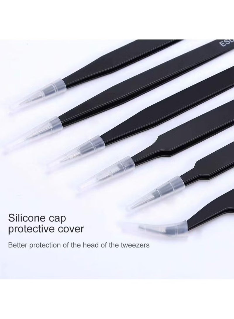 LUBUFAN 6 PCS Precision Tweezers Set, Upgraded Anti-Static Stainless Steel Curved of Tweezers, for Electronics, Laboratory Work, Jewelry-Making, Craft, Soldering (Black) - Image 2