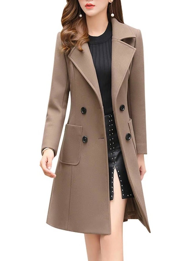 ebossy Women's Elegant Wool Blend Pea Coat Notched Lapel Double Breasted Winter Warm Mid Long Overcoat, Khaki, M - Image 1