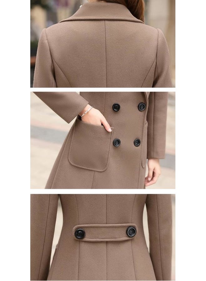 ebossy Women's Elegant Wool Blend Pea Coat Notched Lapel Double Breasted Winter Warm Mid Long Overcoat, Khaki, M - Image 4