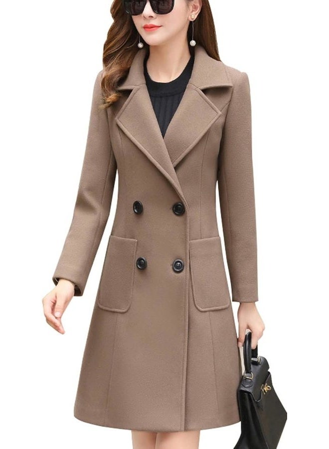 ebossy Women's Elegant Wool Blend Pea Coat Notched Lapel Double Breasted Winter Warm Mid Long Overcoat, Khaki, M - Image 2