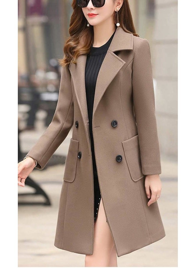 ebossy Women's Elegant Wool Blend Pea Coat Notched Lapel Double Breasted Winter Warm Mid Long Overcoat, Khaki, M - Image 3