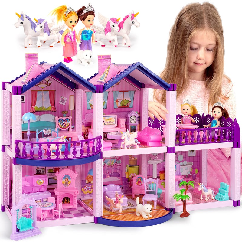 TOMLEON Dollhouse with 2 Princesses, 4 Unicorns, Dog, Furniture and Accessories - Pink and Purple Dream Doll House Toy for Little Girls - 5 Rooms w/Garden, Furniture and Accessories, Gift for Girls Ages 2-8 - Image 1