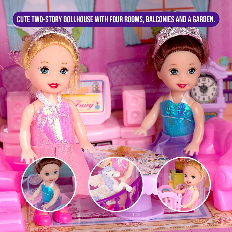 TOMLEON Dollhouse with 2 Princesses, 4 Unicorns, Dog, Furniture and Accessories - Pink and Purple Dream Doll House Toy for Little Girls - 5 Rooms w/Garden, Furniture and Accessories, Gift for Girls Ages 2-8 - Image 5