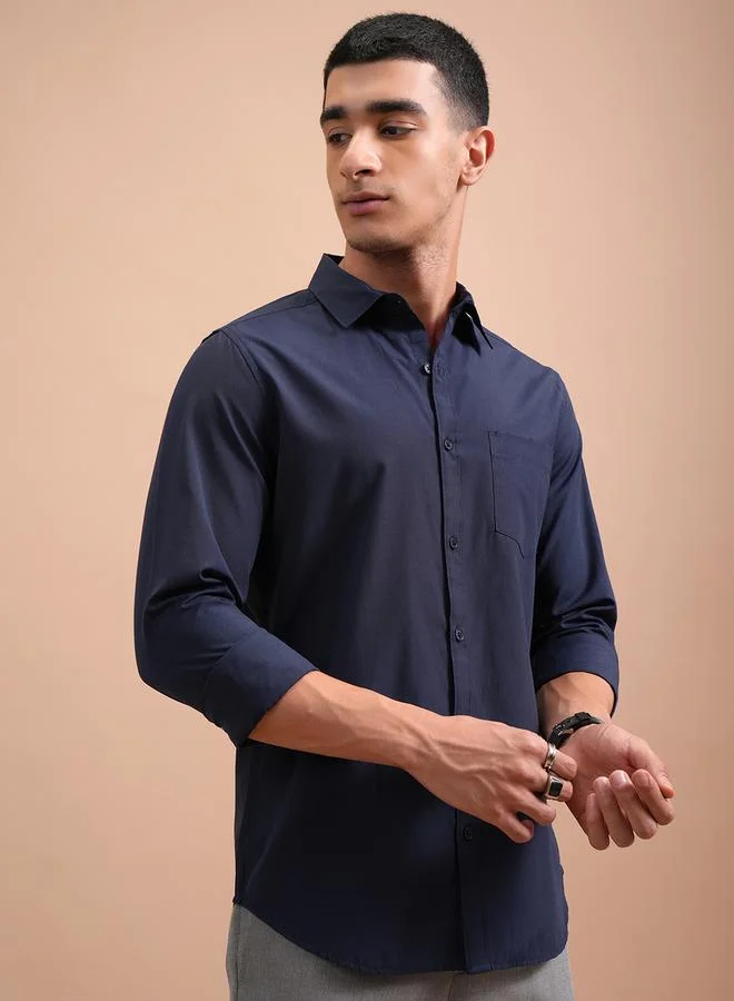 هاي لاندر Slim Fit Spread Collar Shirt with Pocket by Styli