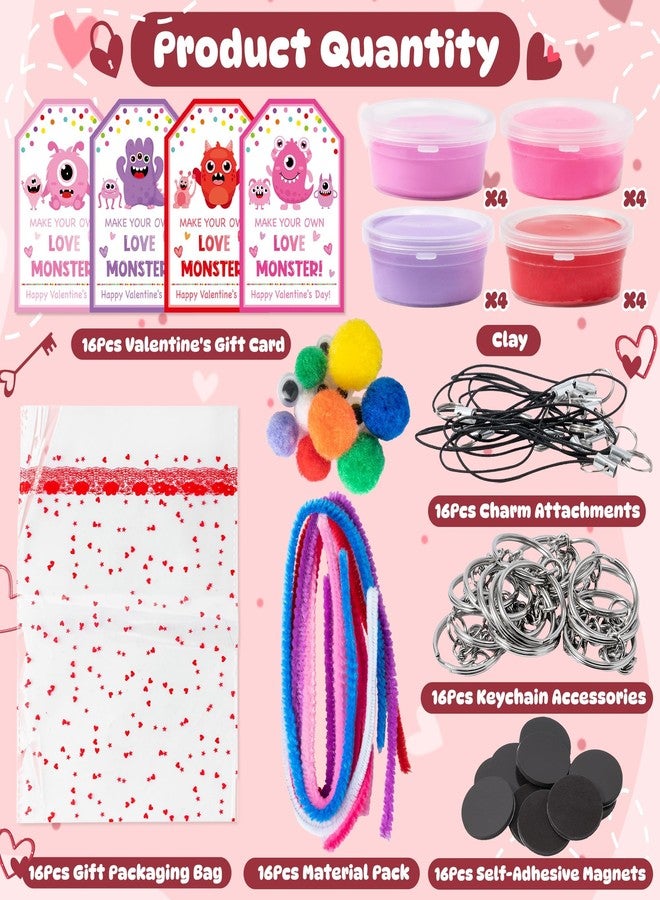 Haooryx Valentine's Day Air Dry Clay Craft Kit - 16 Packs Cute Love Monster DIY Magnet Keychain Ornament Art Craft Bulk with Gift Bag for Classroom Exchange Gift Student Reward Valentines Party Favor - Image 2