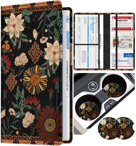 Slohif Car Registration and Insurance Holder Boho Vehicle Glove Box Organizer Women with Magnetic Shut Leather Automobile License Holders Coasters Auto Accessories Case for Document - Image 1