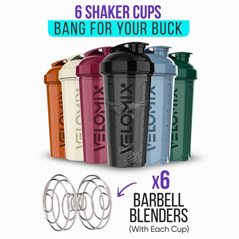 VELOMIX -6 PACK- Shaker Cups for Protein Shakes 28 oz - 6x Wire Whisk | Leak Proof Protein Shaker Bottle for Protein Shakes, Shaker Bottle Pack for Pre & Post Workout, Shaker Cup, Shaker Bottle Cups - Image 3