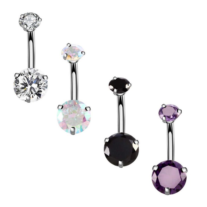 YHMM 14G Surgical Steel Belly Button Rings, Internally Threaded 12mm Long Round CZ Navel Barbell Stud for Women Men (4 Pcs Clear+Colorful+Black+Purple) - Image 3
