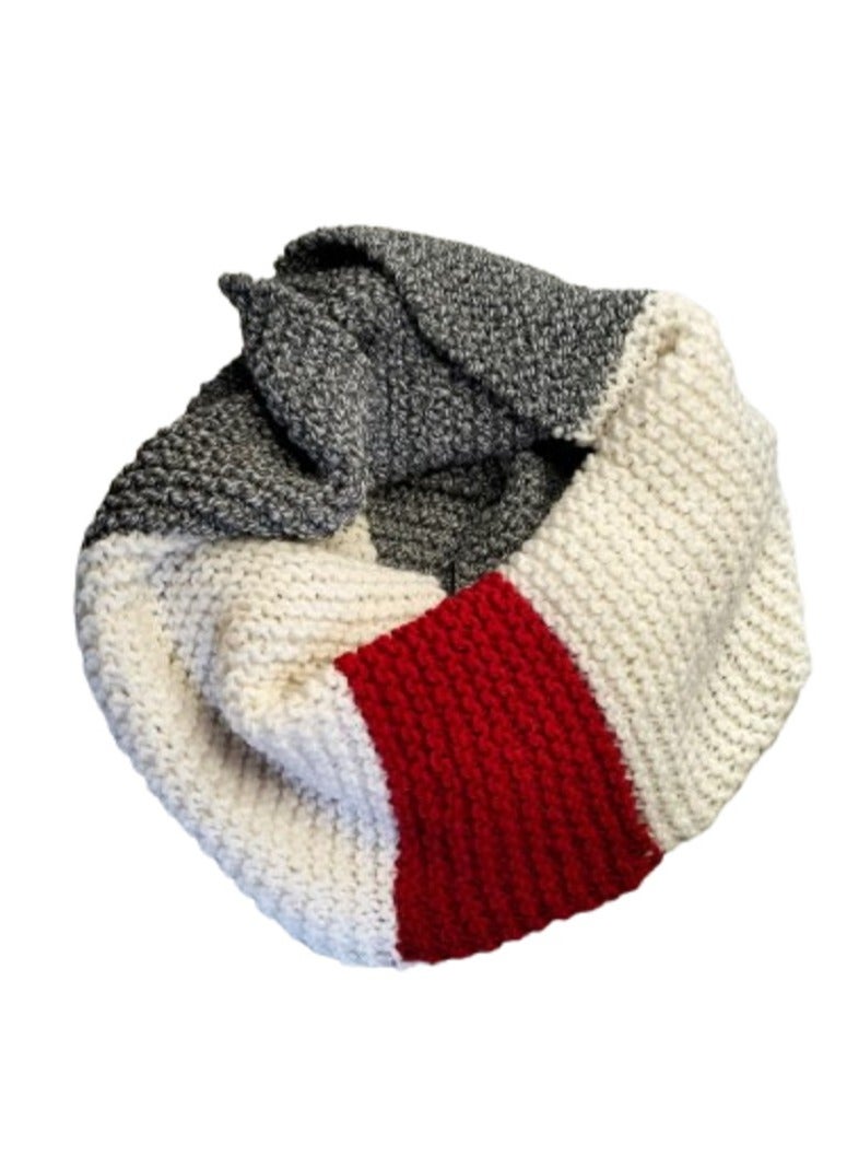 Handmade Infinity Wool Scarf RED, WHITE AND GREY