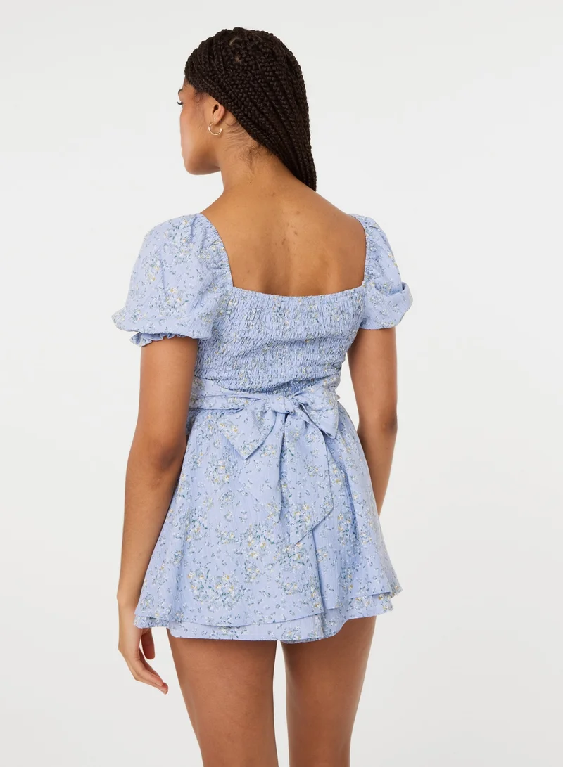 بينك فانيلا Bow Back Ditsy Puff Sleeve Playsuit