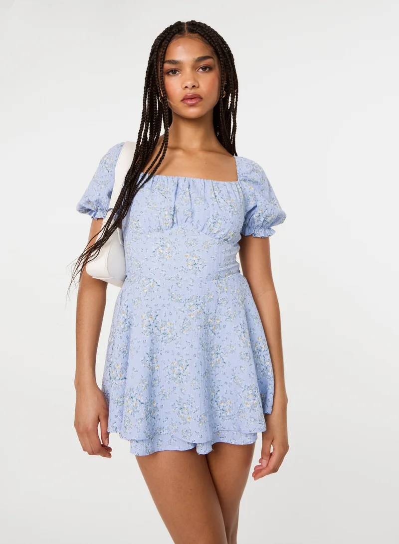 بينك فانيلا Bow Back Ditsy Puff Sleeve Playsuit