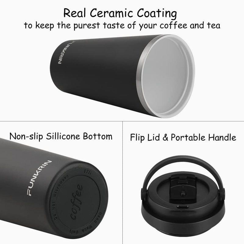 Funkrin Funkrin Insulated Coffee Mug with Ceramic Coating  16oz Iced Coffee Tumbler Cup with Flip Lid and Handle  Double Wall Vacuum Leak-Proof Thermos Mug for Travel Office School Party Camping - Image 2