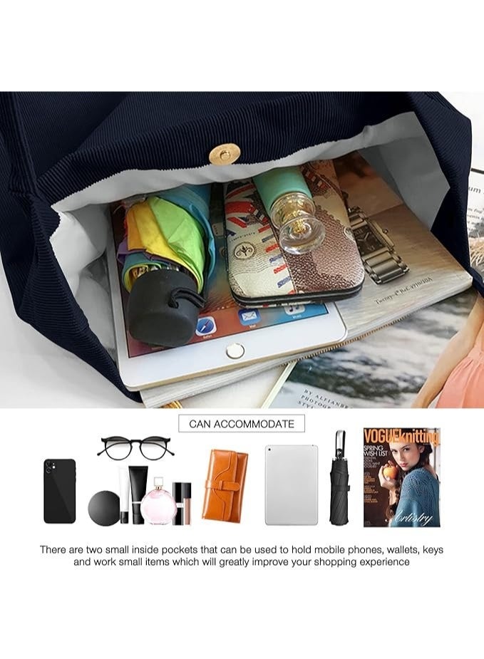Women Tote Bags Shoulder Bag Corduroy with Inner Pocket for Work Beach Lunch Travel Shopping Shopper Handbags - Image 3