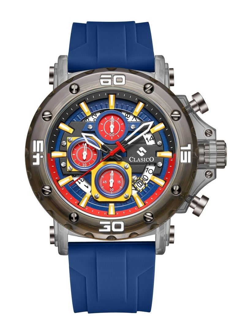 Clasico Obsidian Drive Men’s Luxury Chronograph Watch | 45mm Blue Dial | Elite PE903 Movement | Blue Silicone Strap | 3ATM Water Resistant Luxury Watch - Image 1