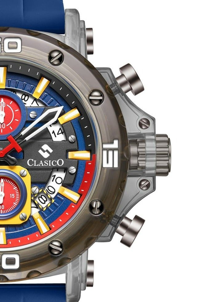 Clasico Obsidian Drive Men’s Luxury Chronograph Watch | 45mm Blue Dial | Elite PE903 Movement | Blue Silicone Strap | 3ATM Water Resistant Luxury Watch - Image 2