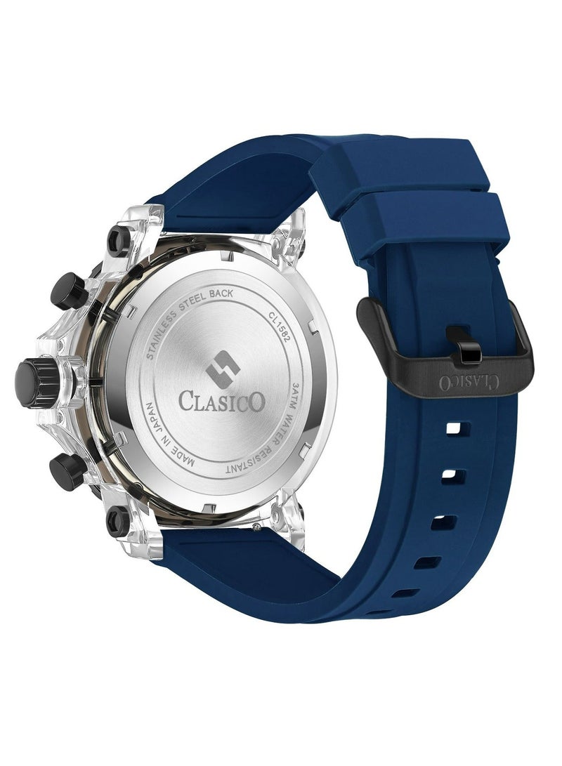 Clasico Obsidian Drive Men’s Luxury Chronograph Watch | 45mm Blue Dial | Elite PE903 Movement | Blue Silicone Strap | 3ATM Water Resistant Luxury Watch - Image 5