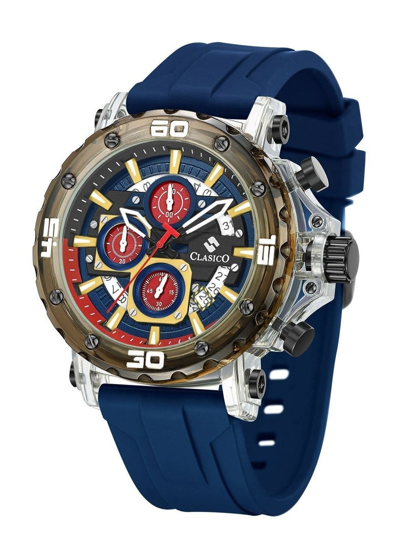 Clasico Obsidian Drive Men’s Luxury Chronograph Watch | 45mm Blue Dial | Elite PE903 Movement | Blue Silicone Strap | 3ATM Water Resistant Luxury Watch - Image 3