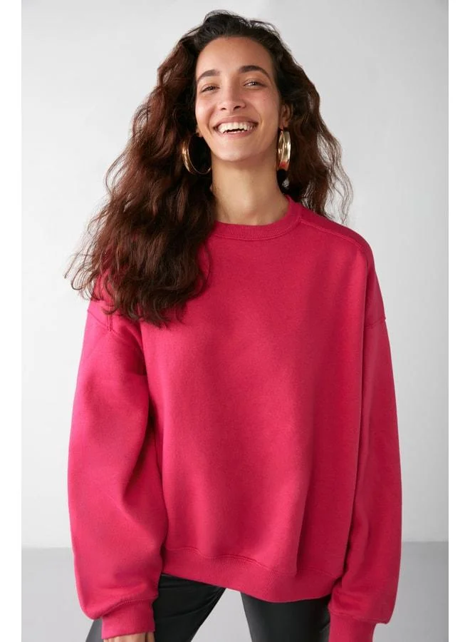 GRIMELANGE VANELTINA Women's Boat Neck Polaroid Lined Oversize Fit Basic Pink Sweatshirt.
