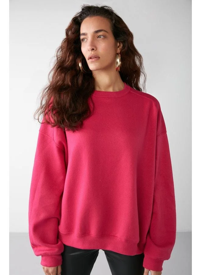 GRIMELANGE VANELTINA Women's Boat Neck Polaroid Lined Oversize Fit Basic Pink Sweatshirt.