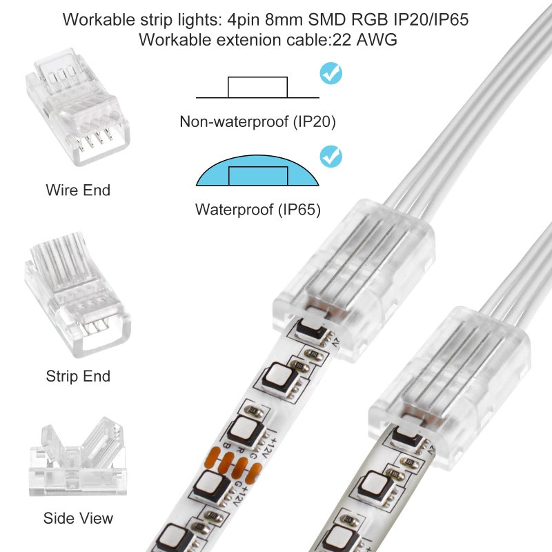 RGBZONE 10Pcs 8mm 4 Pin LED Strip Connectors and 32.8ft 4 Pin RGB Extension Cable Strip to Wire Quick Connection for Waterproof or Non-Waterproof 8mm Wide SMD RGB 5050 LED Strip Lights(IP20/IP65) - Image 5