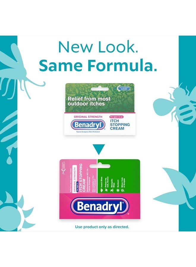 Benadryl كريم مضاد للحكة بقوة أصلية، تخفيف حكة لدغات الحشرات، مسكن موضعي ديفينهيدرامين هيدروكلوريد & واقي جلدي أسيتات الزنك، رائع لأساسيات التخييم، 1 أونصة، عبوتين - Image 2
