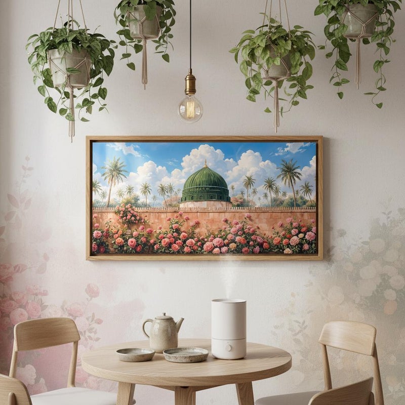 TNESSENTIAL Masjid Nabawi Art Print | Pink Roses, Palm Tree Islamic Wall Decor - Image 1