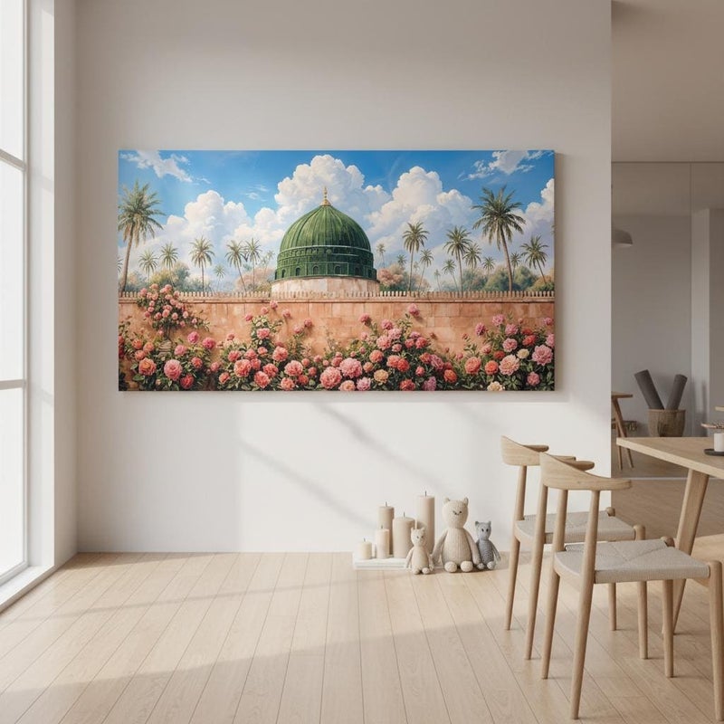 TNESSENTIAL Masjid Nabawi Art Print | Pink Roses, Palm Tree Islamic Wall Decor - Image 2