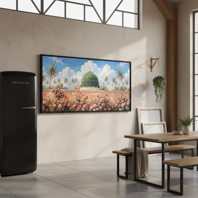 TNESSENTIAL Masjid Nabawi Art Print | Pink Roses, Palm Tree Islamic Wall Decor - Image 3
