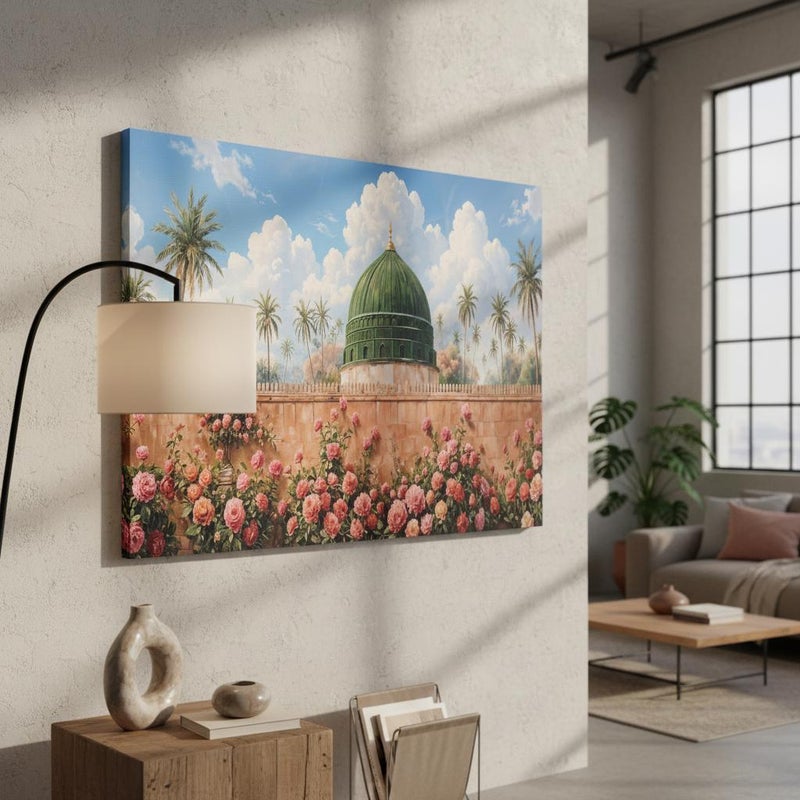 TNESSENTIAL Masjid Nabawi Art Print | Pink Roses, Palm Tree Islamic Wall Decor - Image 4